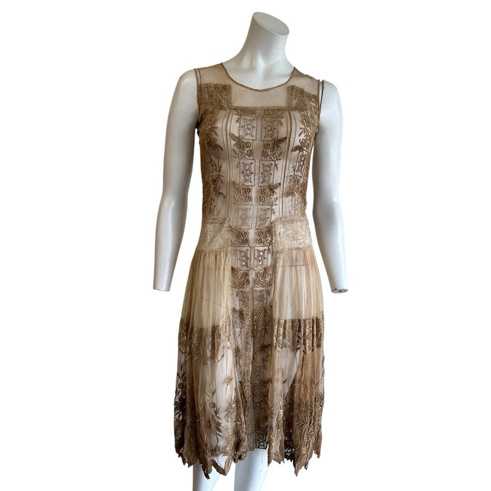 Antique 1920s Butterfly Embroidered Lace Dress Sheer Net Lingerie Ivory AS IS